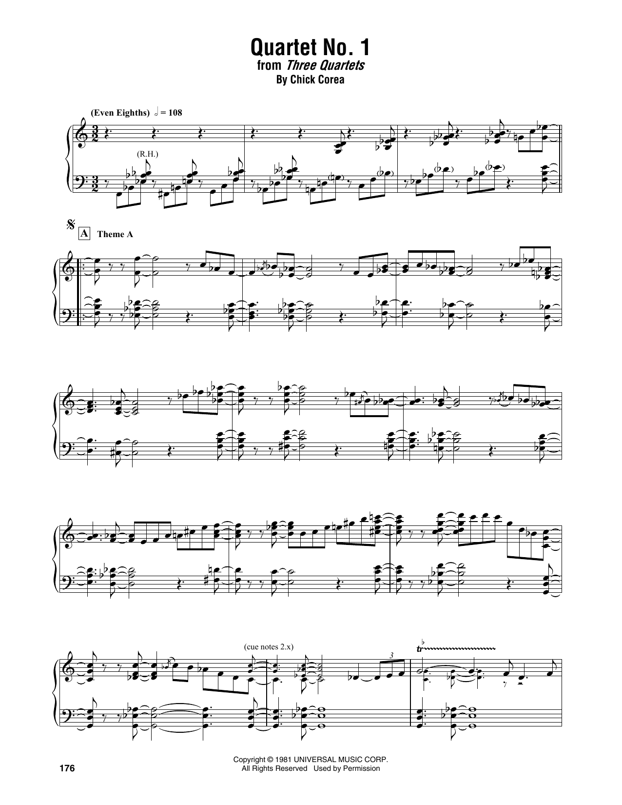Chick Corea Quartet No. 1 sheet music notes and chords arranged for Piano Transcription