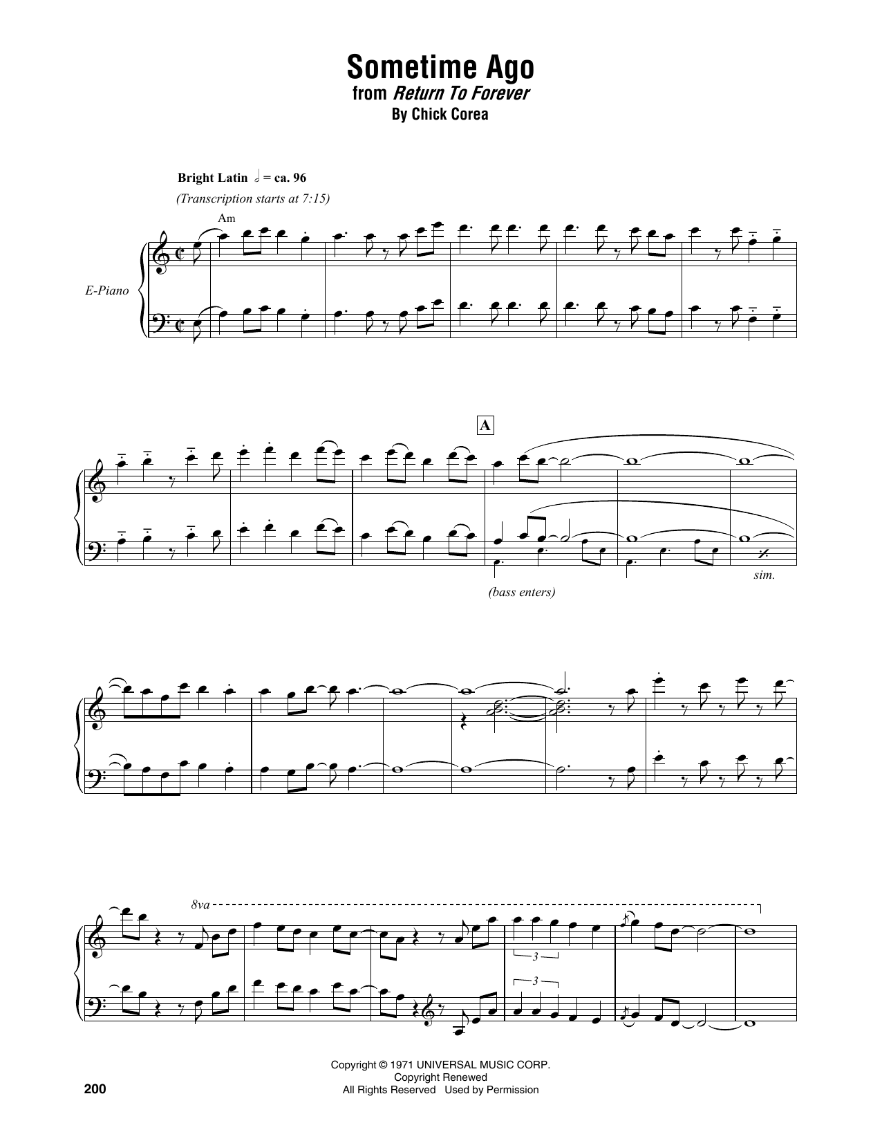 Chick Corea Sometime Ago sheet music notes and chords arranged for Piano Transcription