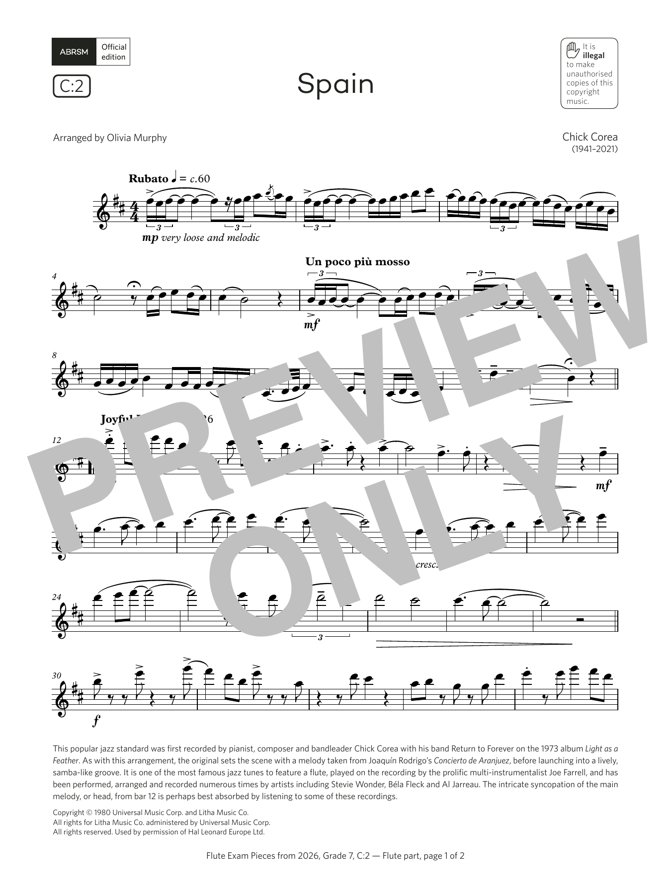 Chick Corea Spain (Grade 7, list C2, from the ABRSM Flute Syllabus from 2026) sheet music notes and chords arranged for Flute Solo