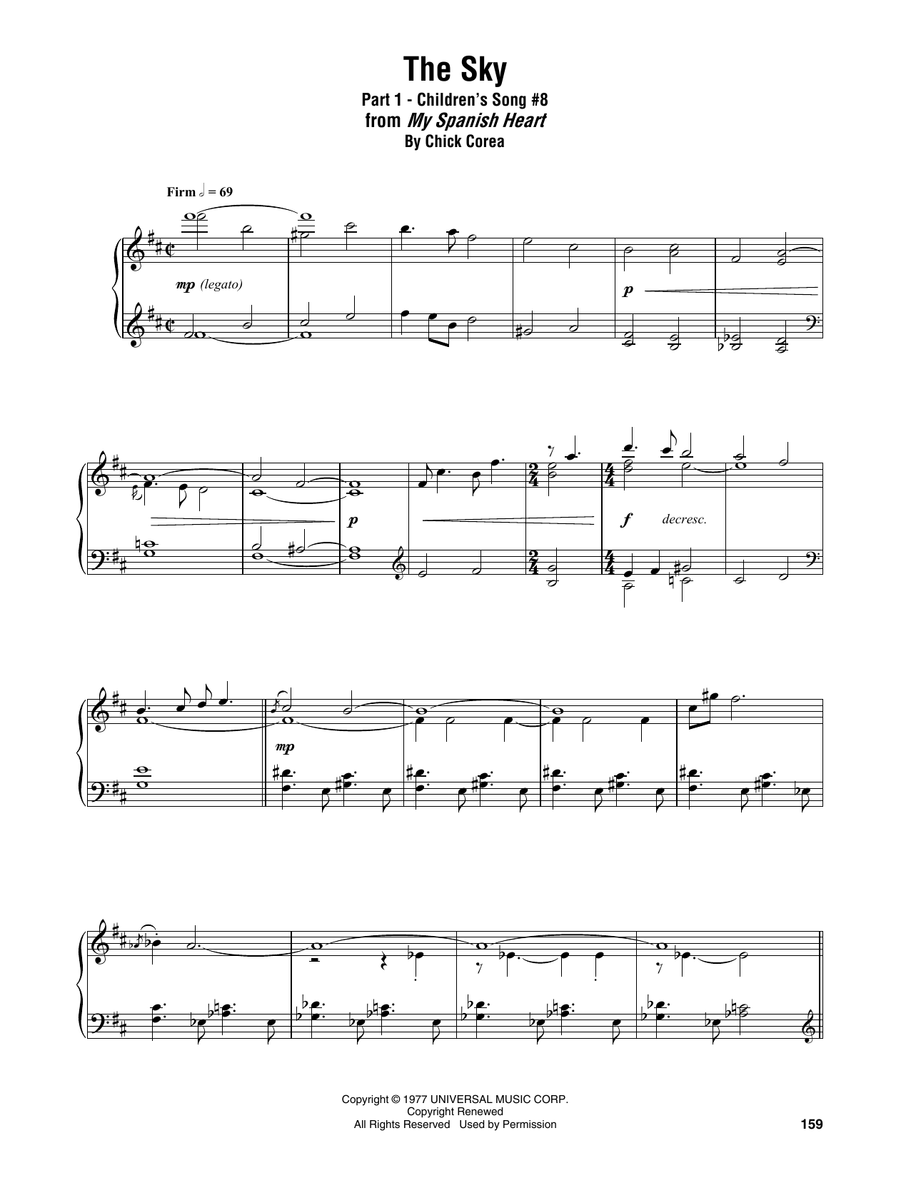 Chick Corea The Sky (Part 1 - Children's Song #8) sheet music notes and chords arranged for Piano Transcription