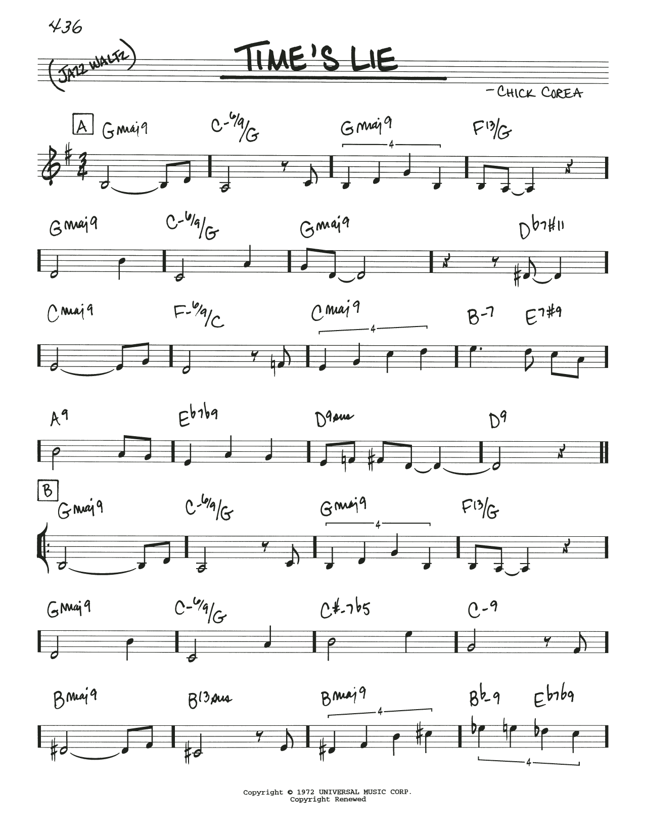 Chick Corea Time's Lie sheet music notes and chords arranged for Real Book – Melody & Chords