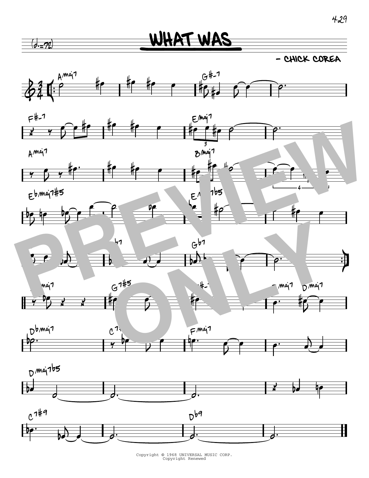 Chick Corea What Was [Reharmonized version] (arr. Jack Grassel) sheet music notes and chords arranged for Real Book – Melody & Chords