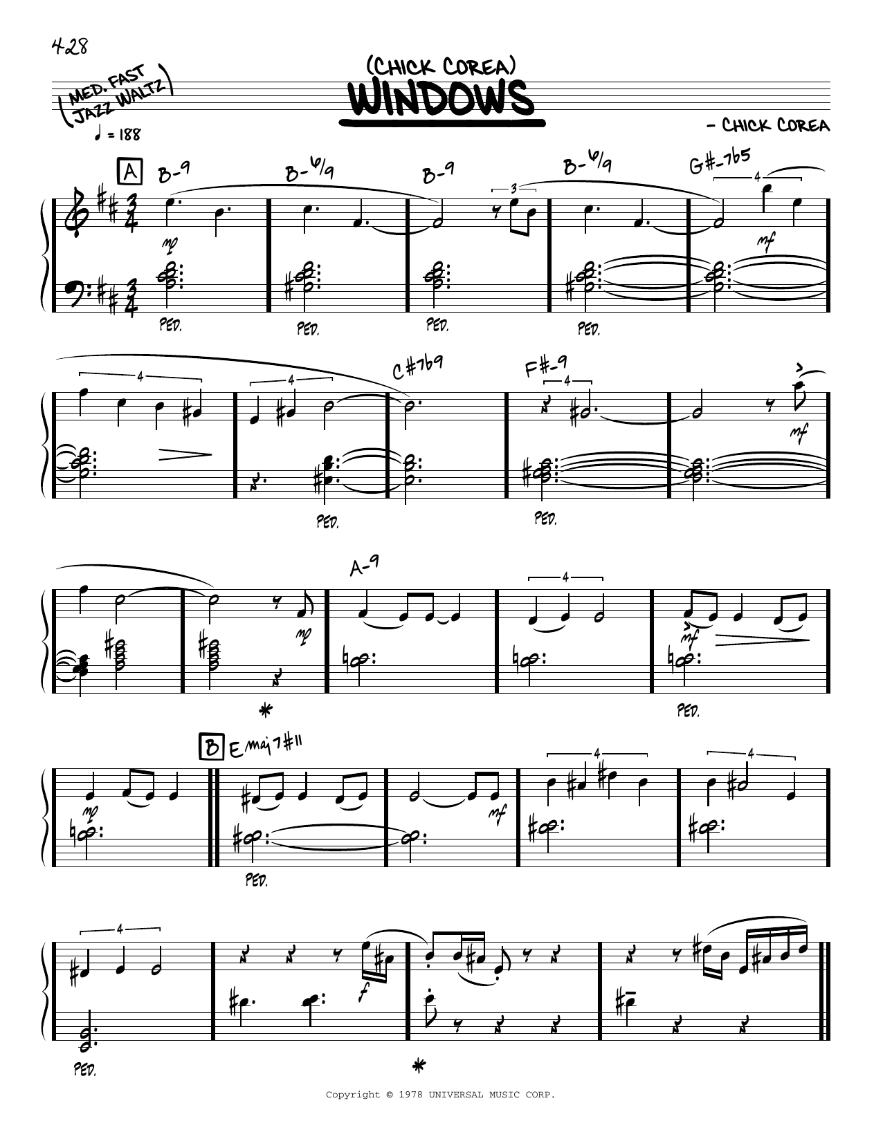Chick Corea Windows (solo only) sheet music notes and chords arranged for Real Book – Melody & Chords
