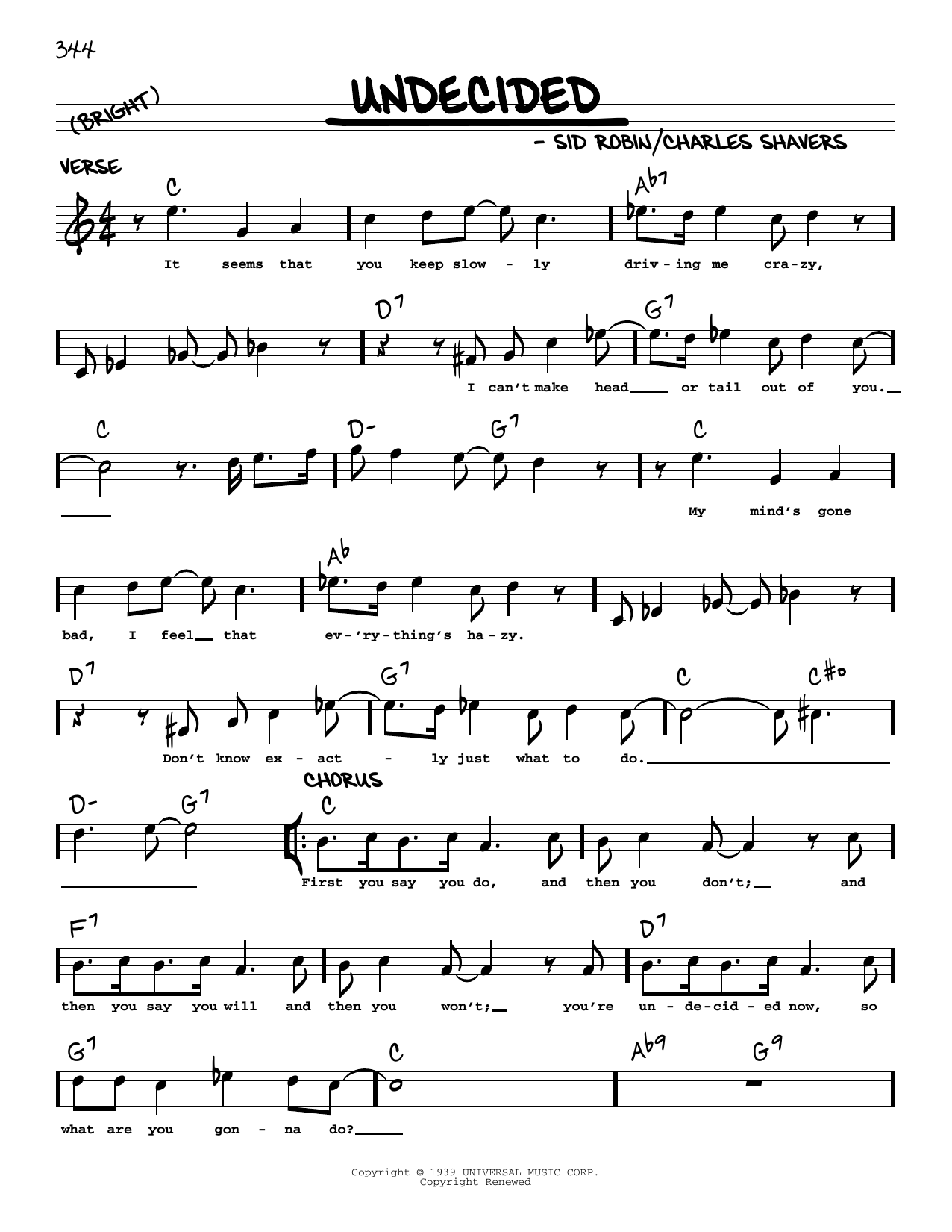 Chick Webb and His Orchestra Undecided (arr. Robert Rawlins) sheet music notes and chords arranged for Real Book – Melody, Lyrics & Chords