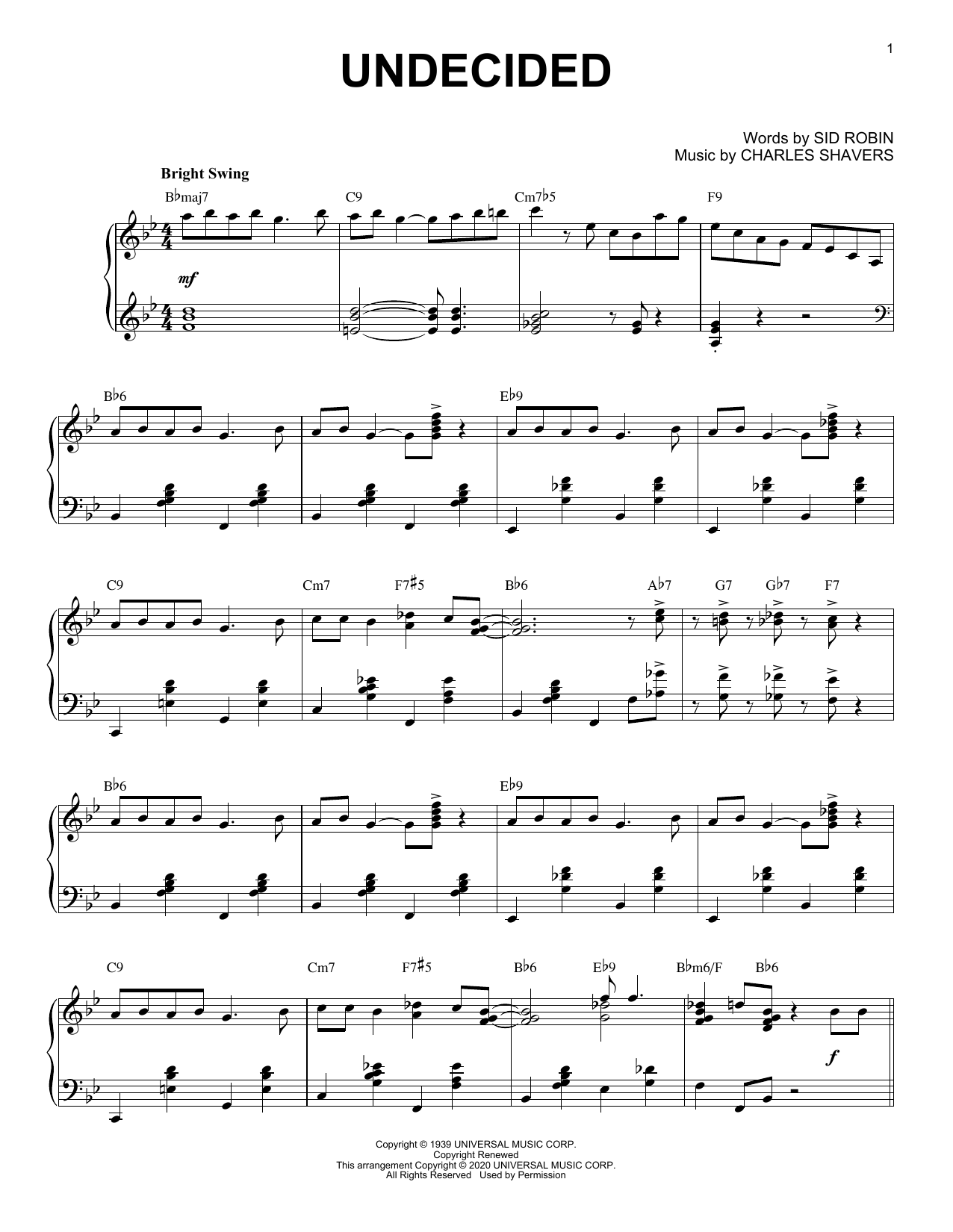 Chick Webb and His Orchestra Undecided [Jazz version] (arr. Brent Edstrom) sheet music notes and chords arranged for Piano Solo