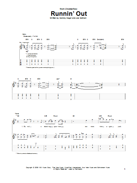 Chickenfoot Runnin' Out sheet music notes and chords arranged for Guitar Tab