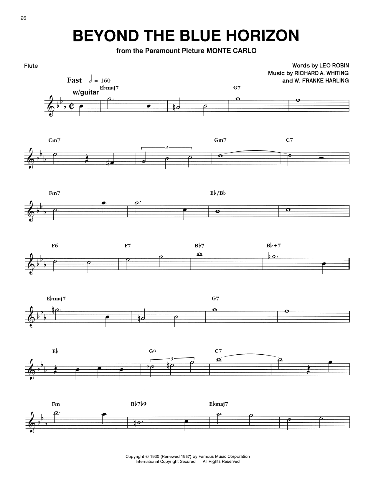 Chico Hamilton Beyond The Blue Horizon sheet music notes and chords arranged for Flute Transcription
