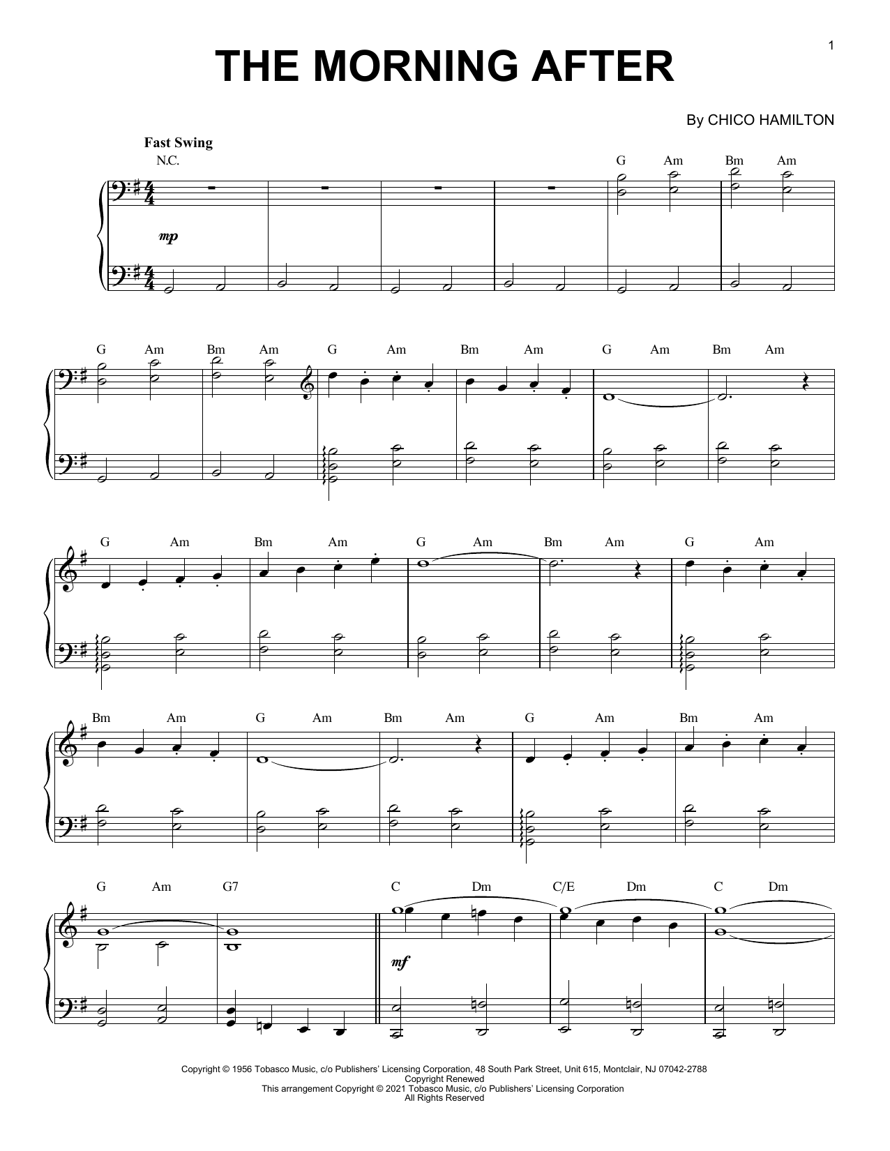 Chico Hamilton The Morning After [Jazz version] (arr. Brent Edstrom) sheet music notes and chords arranged for Piano Solo