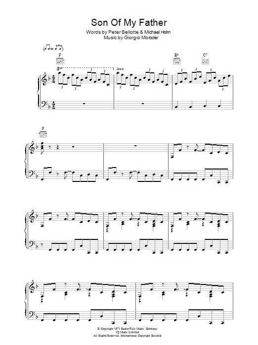 Chicory Tip Son Of My Father sheet music notes and chords arranged for Piano, Vocal & Guitar Chords