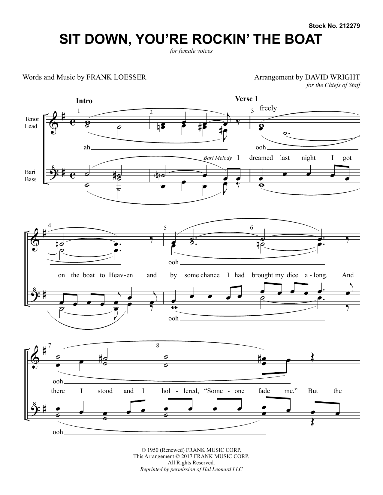 Chiefs of Staff Sit Down, You're Rockin' The Boat (from Guys And Dolls) (arr. David Wright) sheet music notes and chords arranged for SSAA Choir
