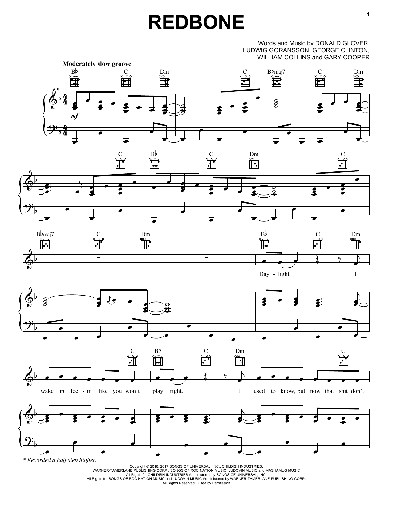 Childish Gambino Redbone sheet music notes and chords arranged for Piano, Vocal & Guitar Chords (Right-Hand Melody)