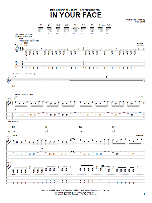 Children Of Bodom In Your Face sheet music notes and chords arranged for Guitar Tab