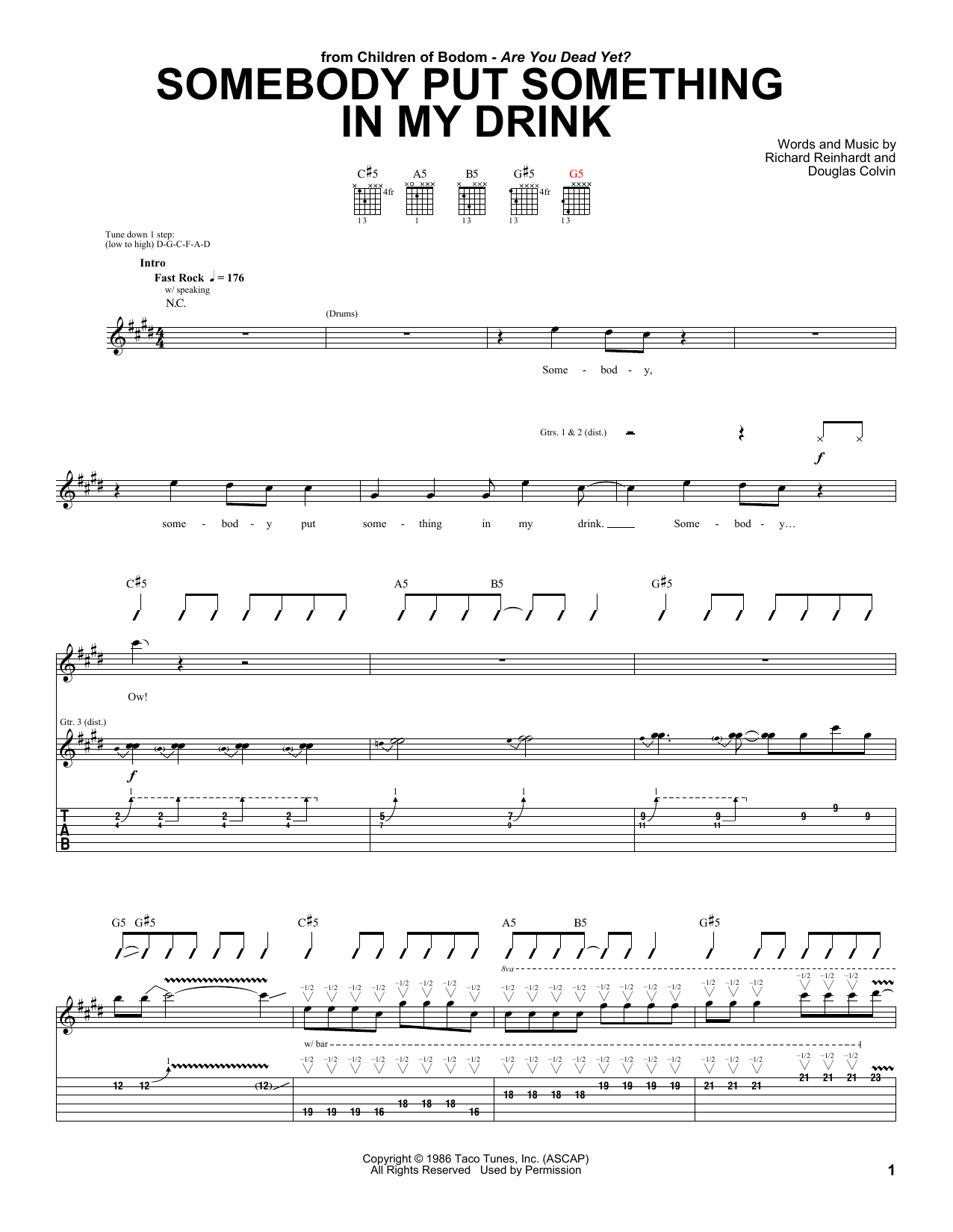 Children Of Bodom Somebody Put Something In My Drink sheet music notes and chords arranged for Guitar Tab