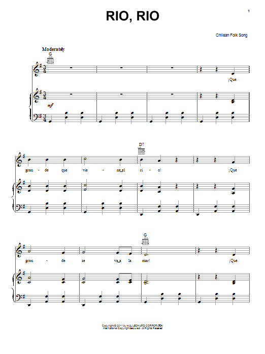 Chilean Folk Song Rio, Rio sheet music notes and chords arranged for Piano, Vocal & Guitar Chords (Right-Hand Melody)