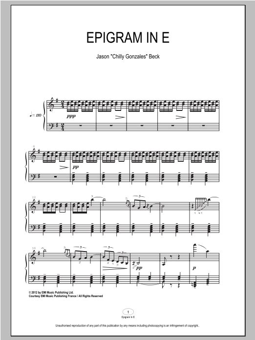 Chilly Gonzales Epigram In E sheet music notes and chords arranged for Piano Solo