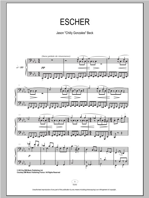 Chilly Gonzales Escher sheet music notes and chords arranged for Piano Solo