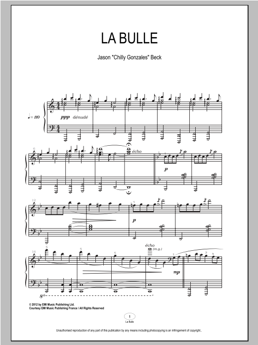 Chilly Gonzales La Bulle sheet music notes and chords arranged for Piano Solo