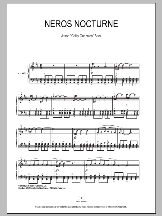 Chilly Gonzales Neros Nocturne sheet music notes and chords arranged for Piano Solo