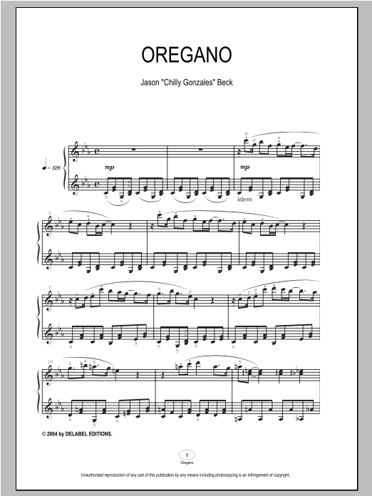Chilly Gonzales Oregano sheet music notes and chords arranged for Piano Solo