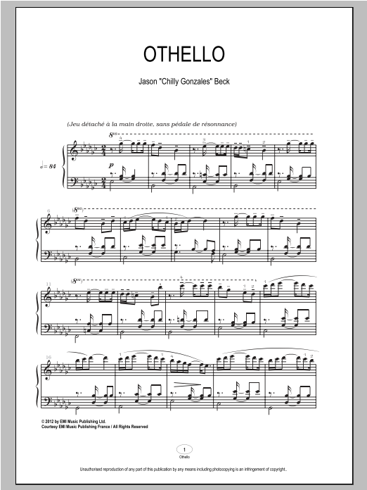 Chilly Gonzales Othello sheet music notes and chords arranged for Piano Solo