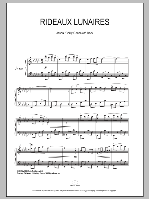 Chilly Gonzales Rideaux Lunaires sheet music notes and chords arranged for Piano Solo