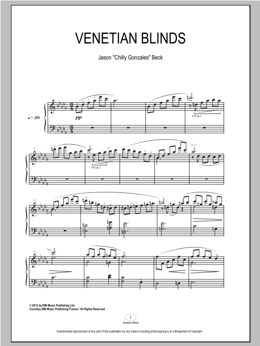 Chilly Gonzales Venetian Blinds sheet music notes and chords arranged for Piano Solo