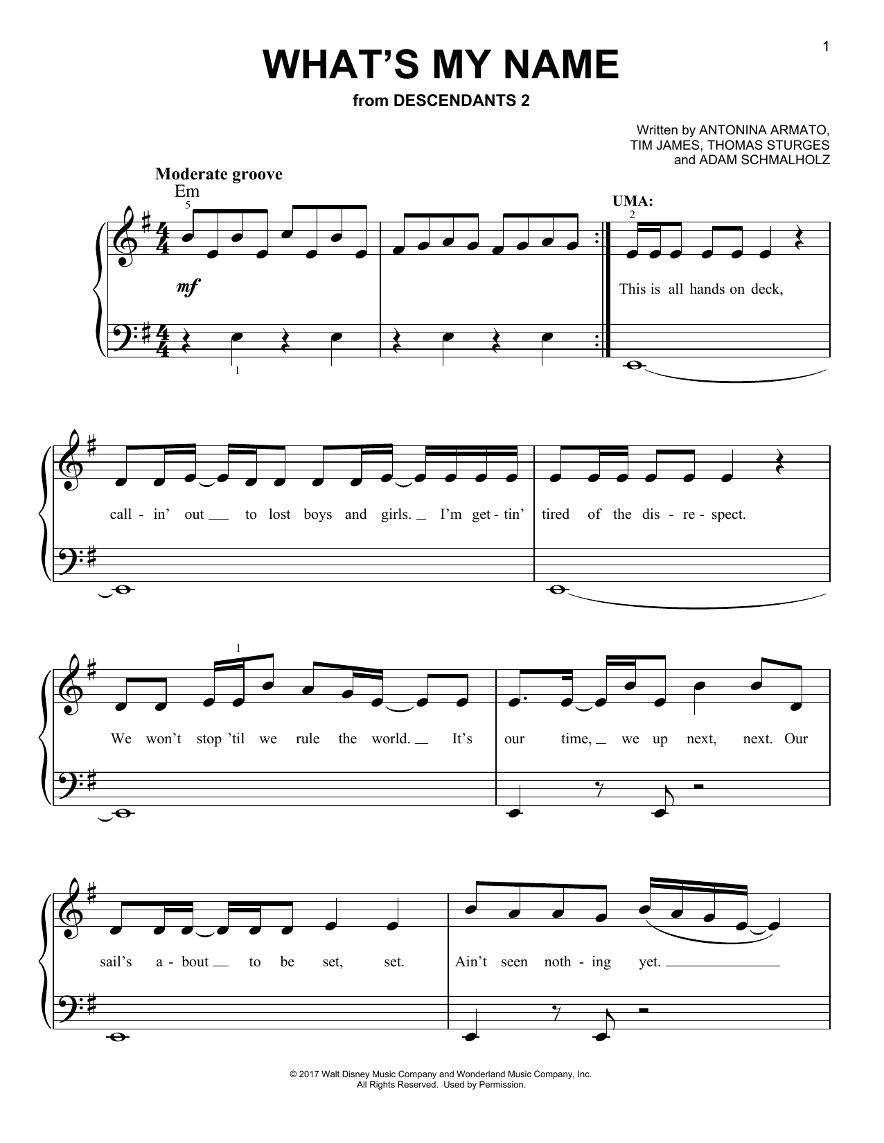 China Anne McClain, Dylan Playfair & Thomas Doherty What's My Name (from Disney's Descendants 2) sheet music notes and chords arranged for Easy Piano