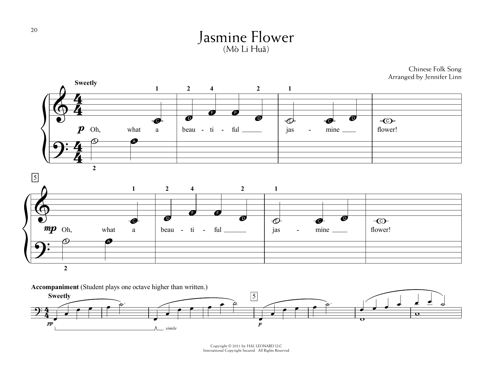 Chinese Folk Song Jasmine Flower (Mò Li Huã) (arr. Jennifer Linn) sheet music notes and chords arranged for Educational Piano