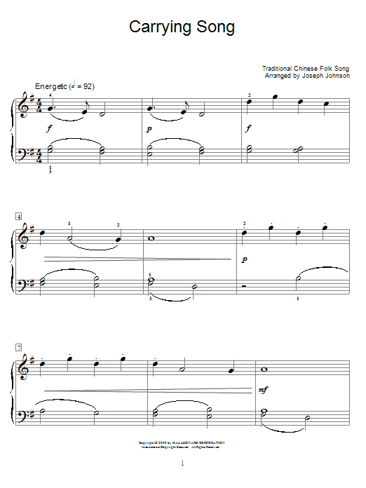 Chinese Folksong Carrying Song (arr. Joseph Johnson) sheet music notes and chords arranged for Educational Piano