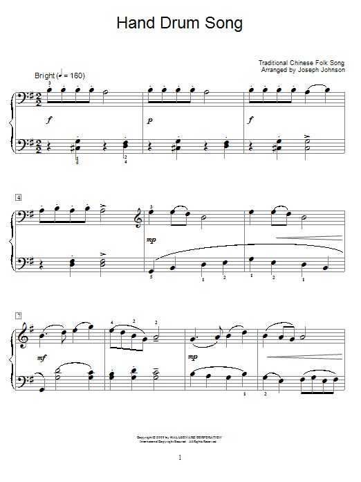 Chinese Folksong Hand Drum Song (arr. Joseph Johnson) sheet music notes and chords arranged for Educational Piano