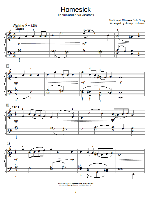 Chinese Folksong Homesick (Theme And Five Variations) (arr. Joseph Johnson) sheet music notes and chords arranged for Educational Piano