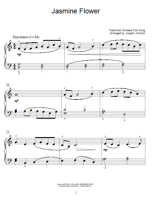 Chinese Folksong Jasmine Flower Song (arr. Joseph Johnson) sheet music notes and chords arranged for Educational Piano