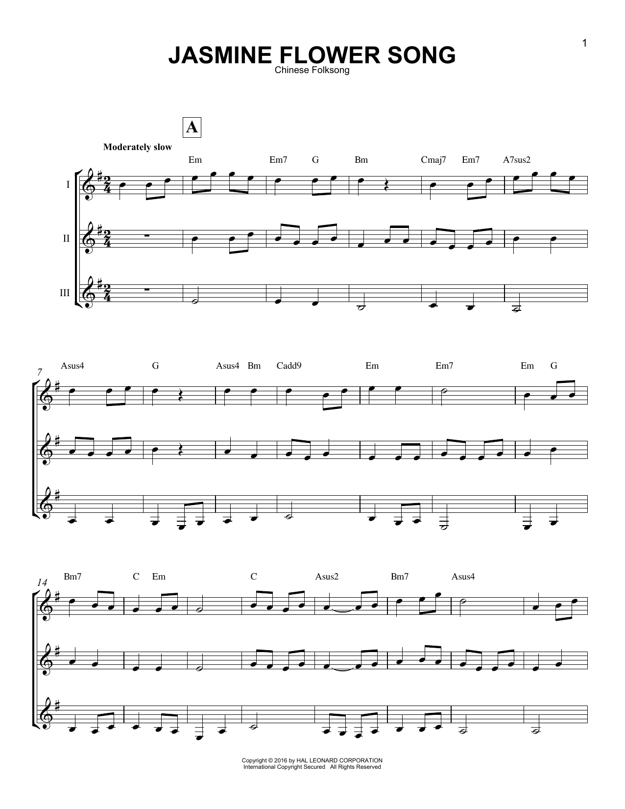 Chinese Folksong Jasmine Flower Song sheet music notes and chords arranged for Guitar Ensemble