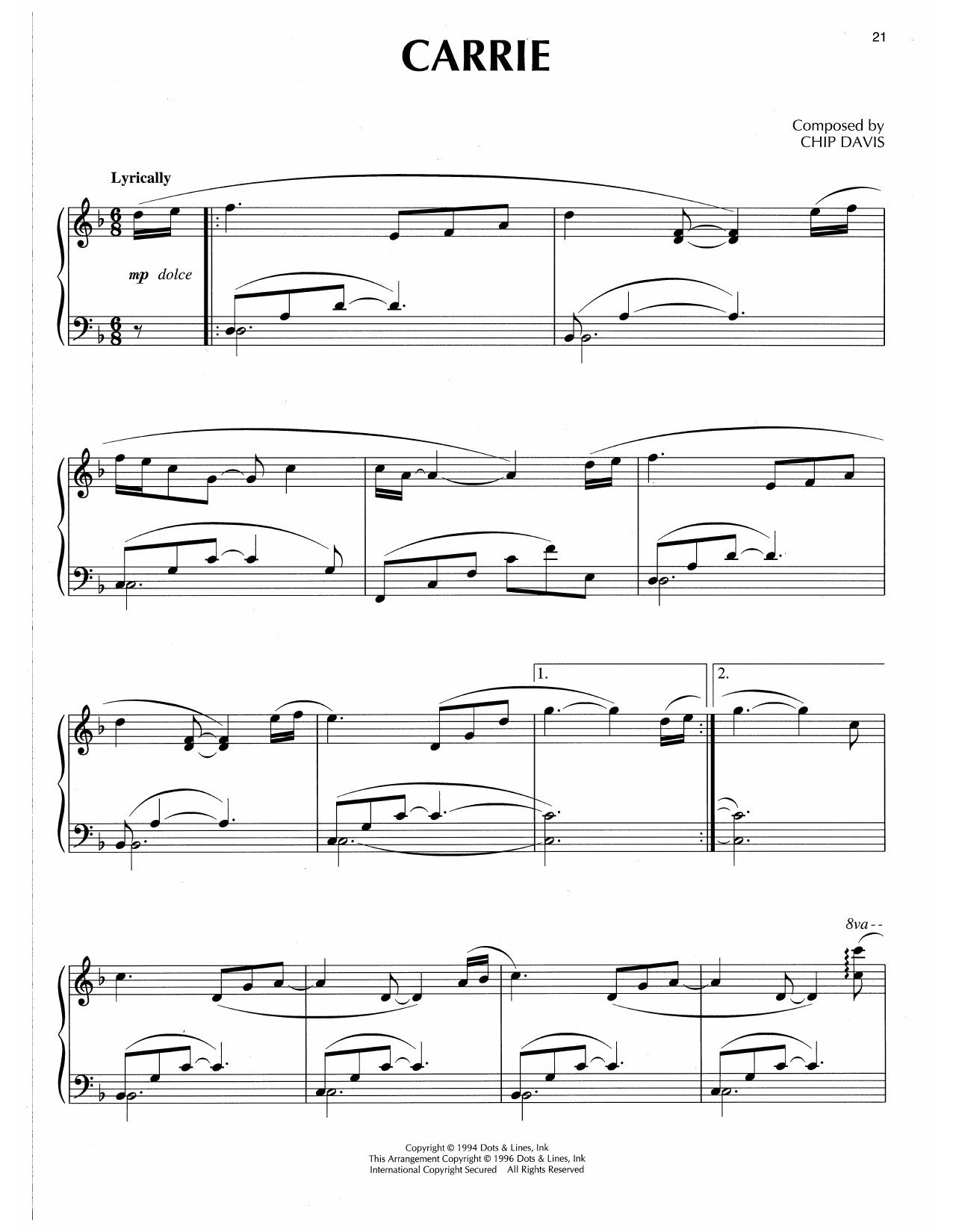 Chip Davis Carrie sheet music notes and chords arranged for Piano Solo