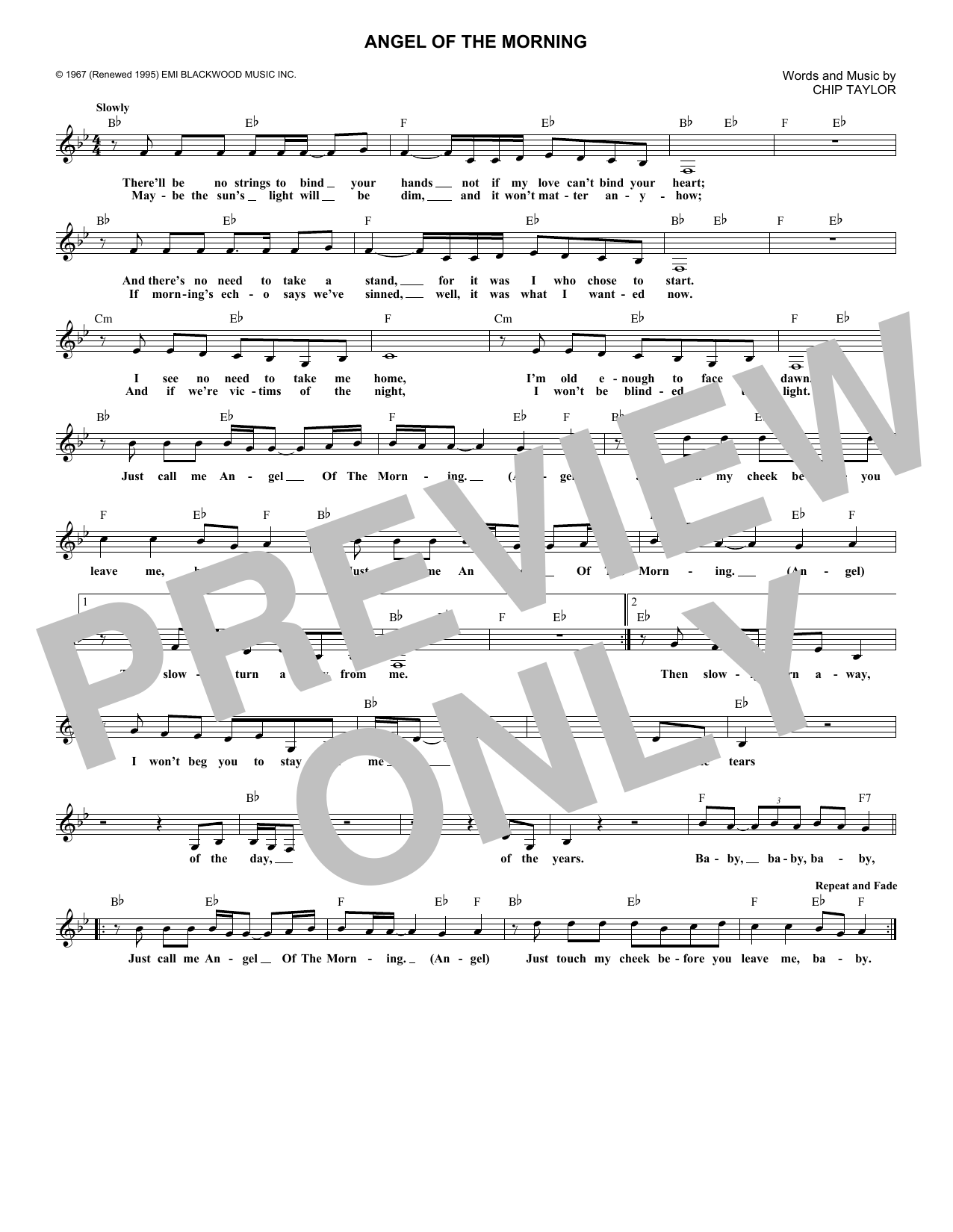 Chip Taylor Angel Of The Morning sheet music notes and chords arranged for Lead Sheet / Fake Book