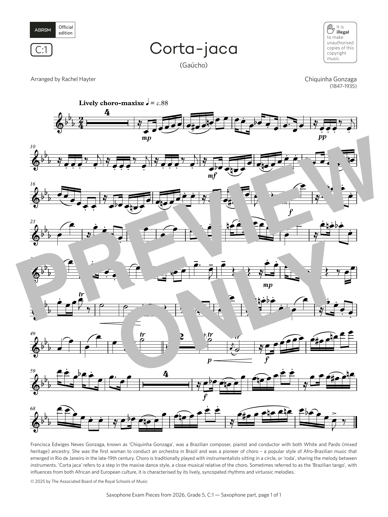 Chiquinha Gonzaga Corta-jaca (Grade 5, list C1, from the ABRSM Saxophone Syllabus from 2026) sheet music notes and chords arranged for Alto Sax Solo