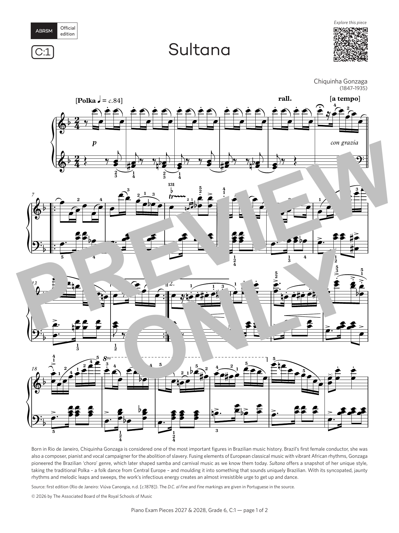 Chiquinha Gonzaga Sultana (Grade 6, list C1, from the ABRSM Piano Syllabus 2027 & 2028) sheet music notes and chords arranged for Piano Solo