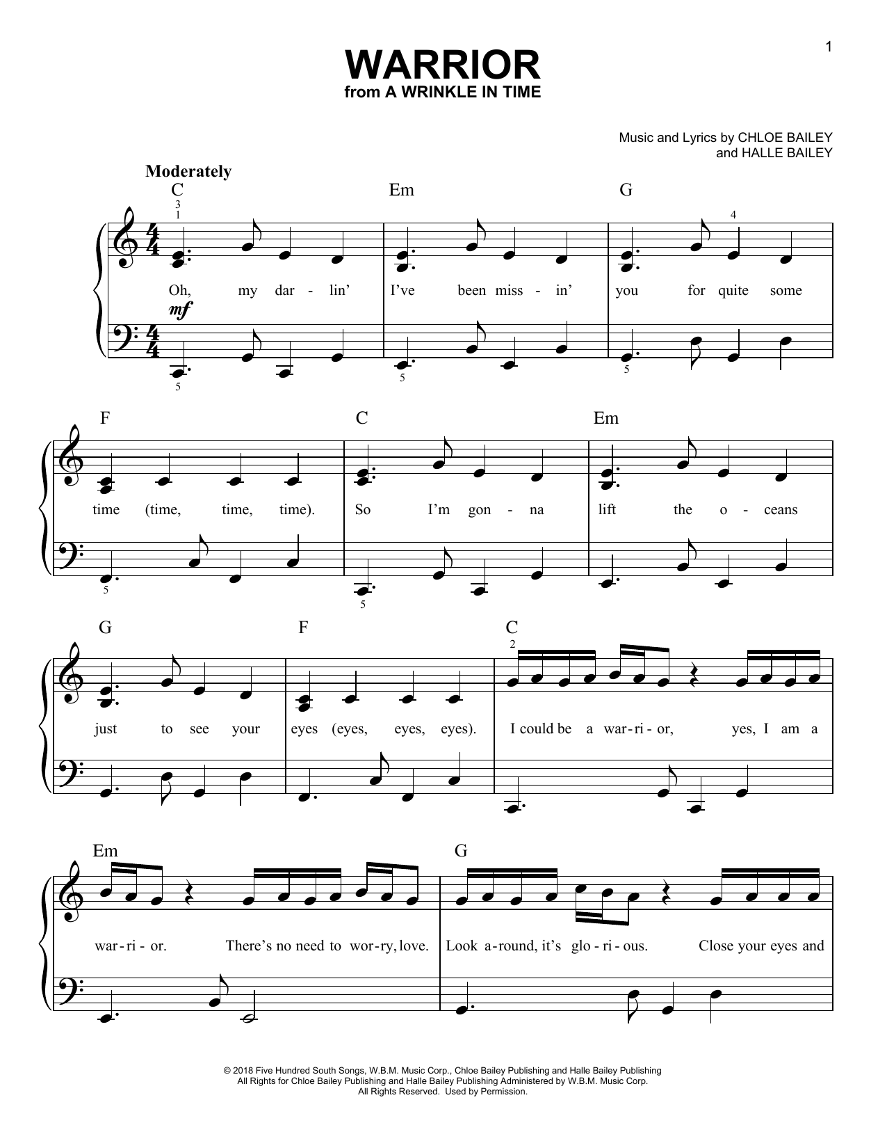 Chloe Bailey Warrior (from A Wrinkle In Time) sheet music notes and chords arranged for Easy Piano