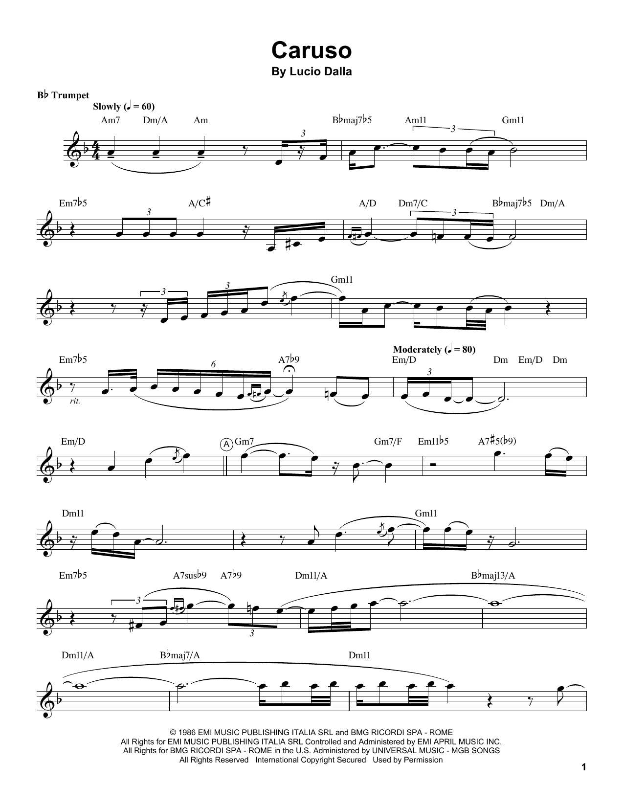 Chris Botti Caruso sheet music notes and chords arranged for Trumpet Transcription