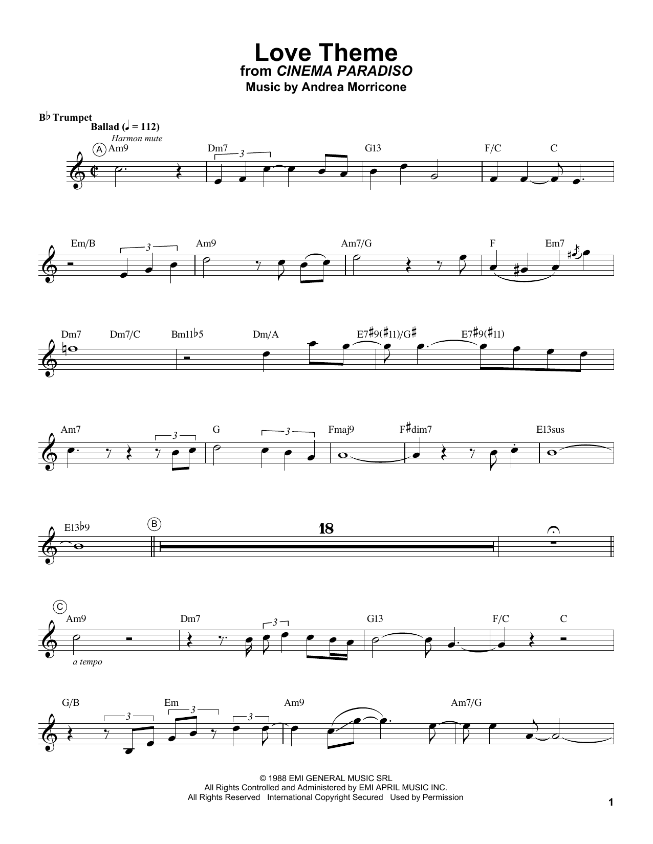 Chris Botti Love Theme (Tema D'Amore) sheet music notes and chords arranged for Trumpet Transcription