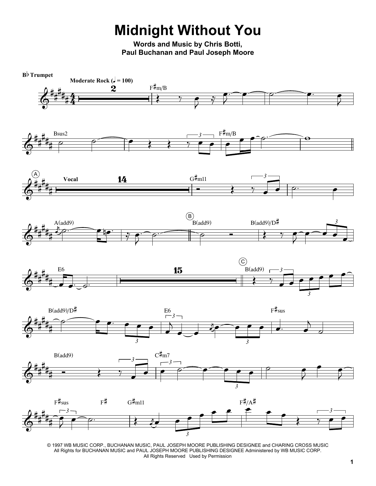Chris Botti Midnight Without You sheet music notes and chords arranged for Trumpet Transcription