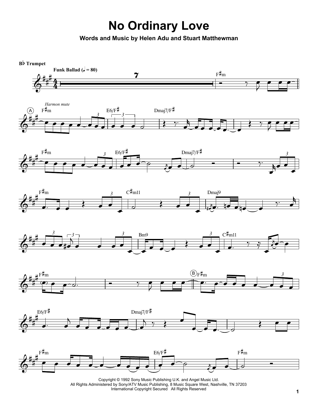 Chris Botti No Ordinary Love sheet music notes and chords arranged for Trumpet Transcription
