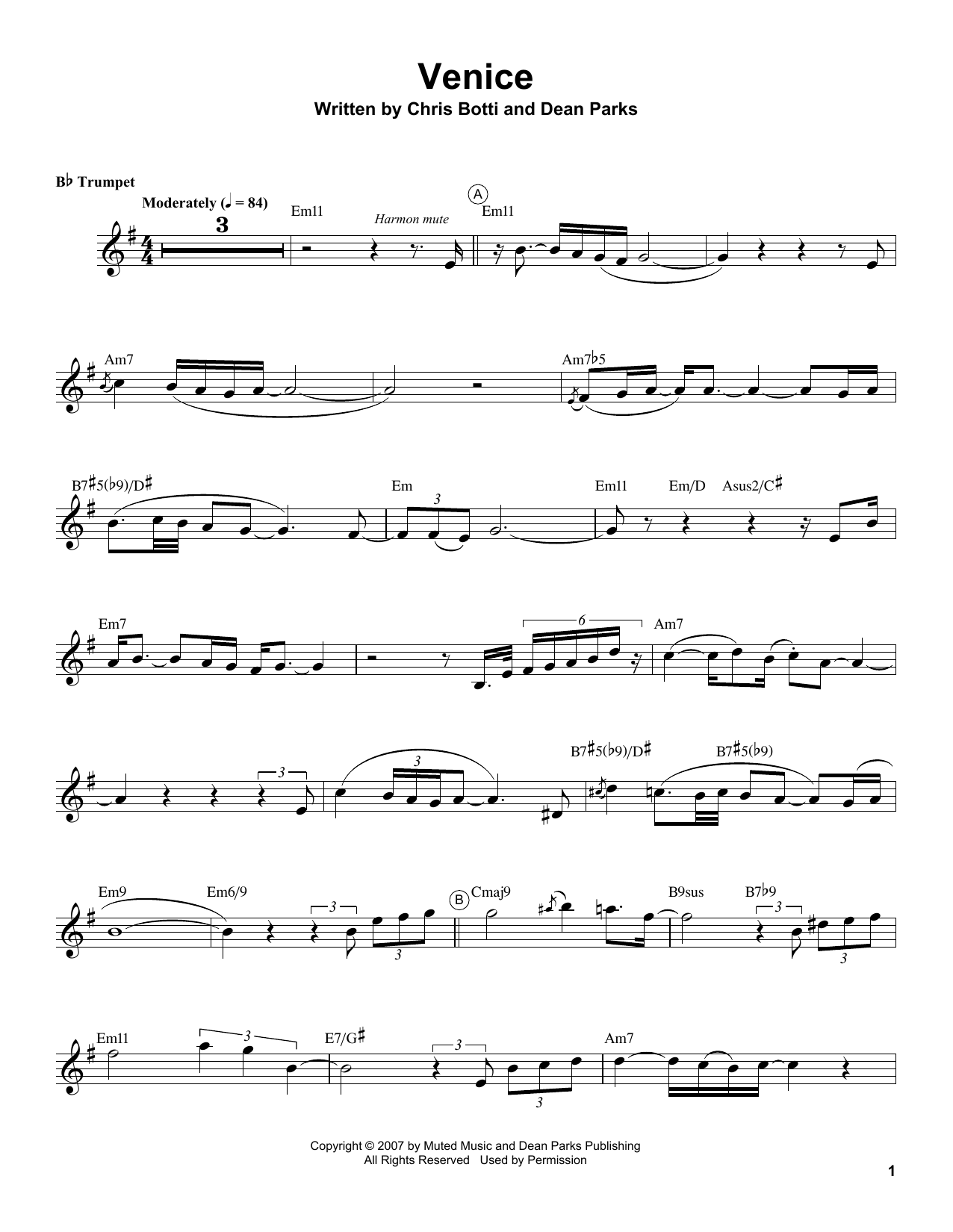 Chris Botti Venice sheet music notes and chords arranged for Trumpet Transcription