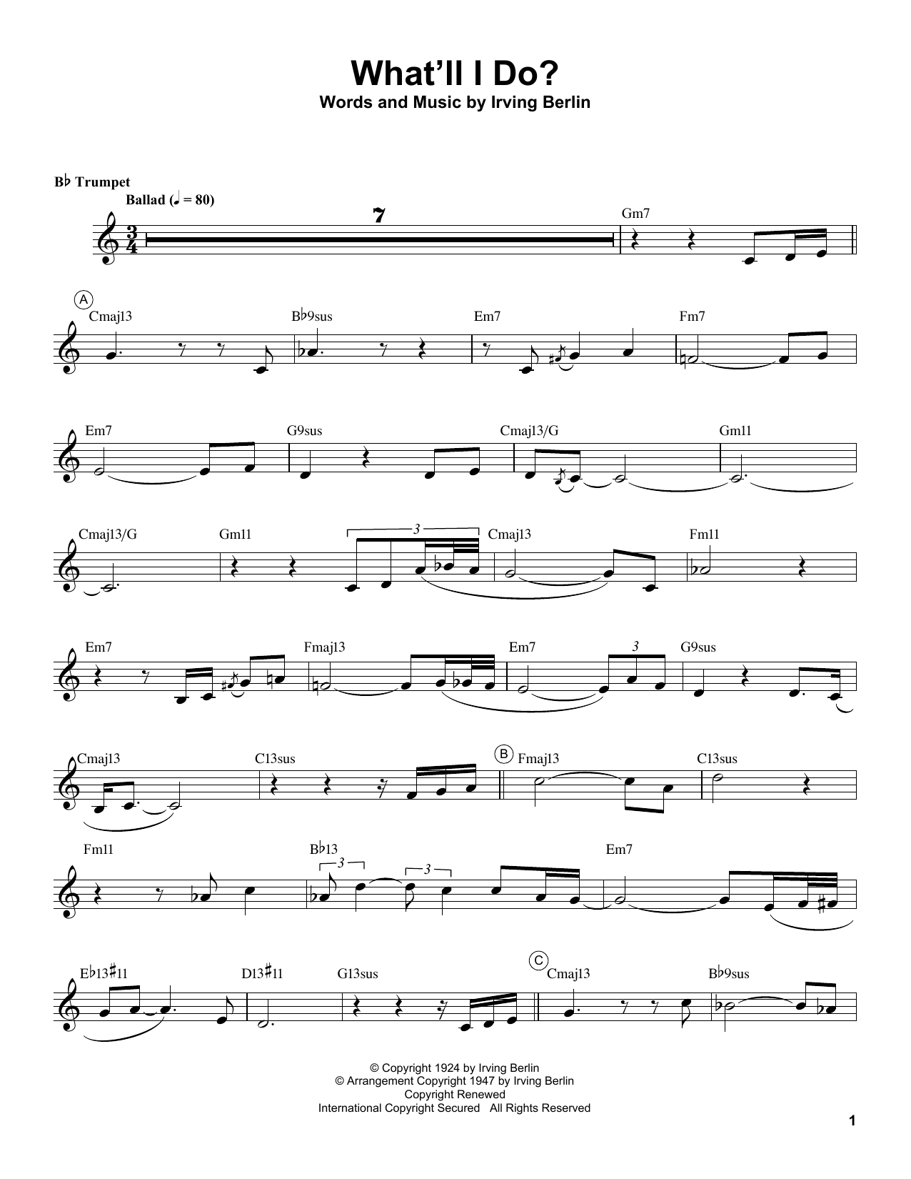 Chris Botti What'll I Do? sheet music notes and chords arranged for Trumpet Transcription