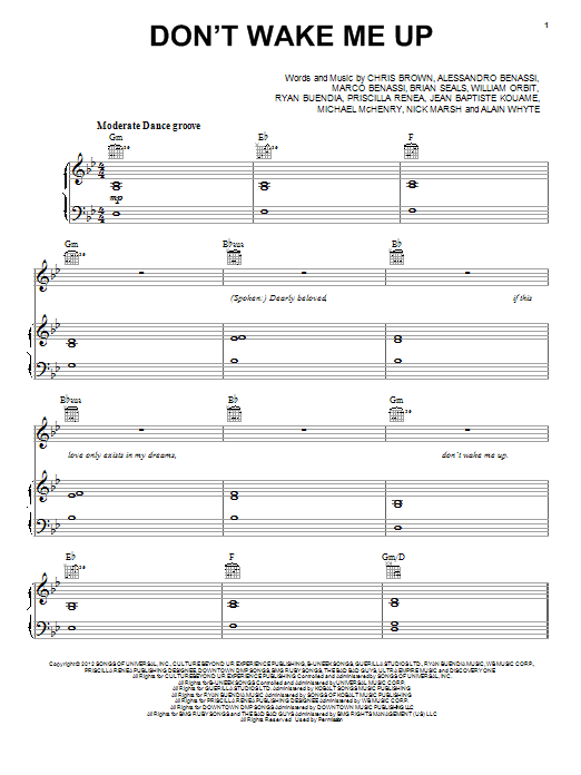 Chris Brown Don't Wake Me Up sheet music notes and chords arranged for Piano, Vocal & Guitar Chords