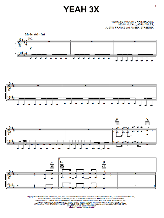 Chris Brown Yeah 3X sheet music notes and chords arranged for Piano, Vocal & Guitar Chords (Right-Hand Melody)