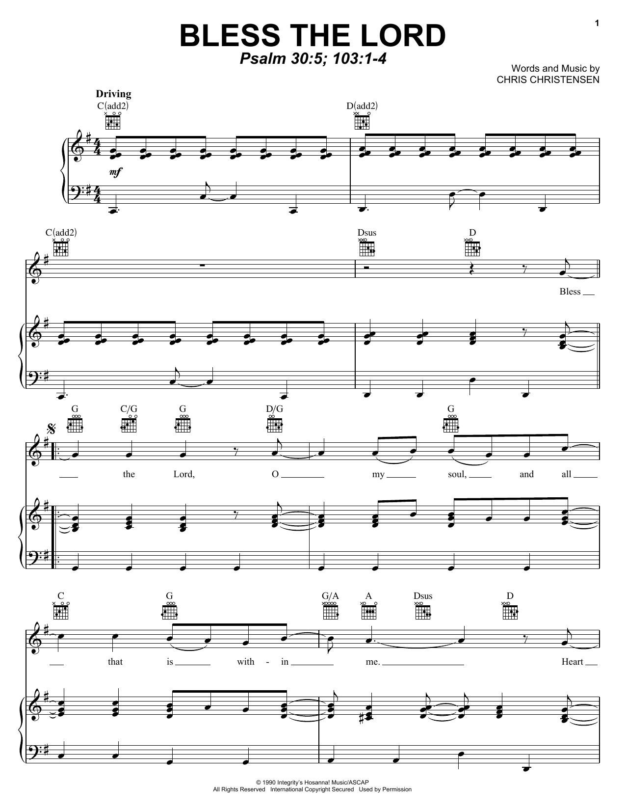 Chris Christensen Bless The Lord sheet music notes and chords arranged for Piano, Vocal & Guitar Chords (Right-Hand Melody)