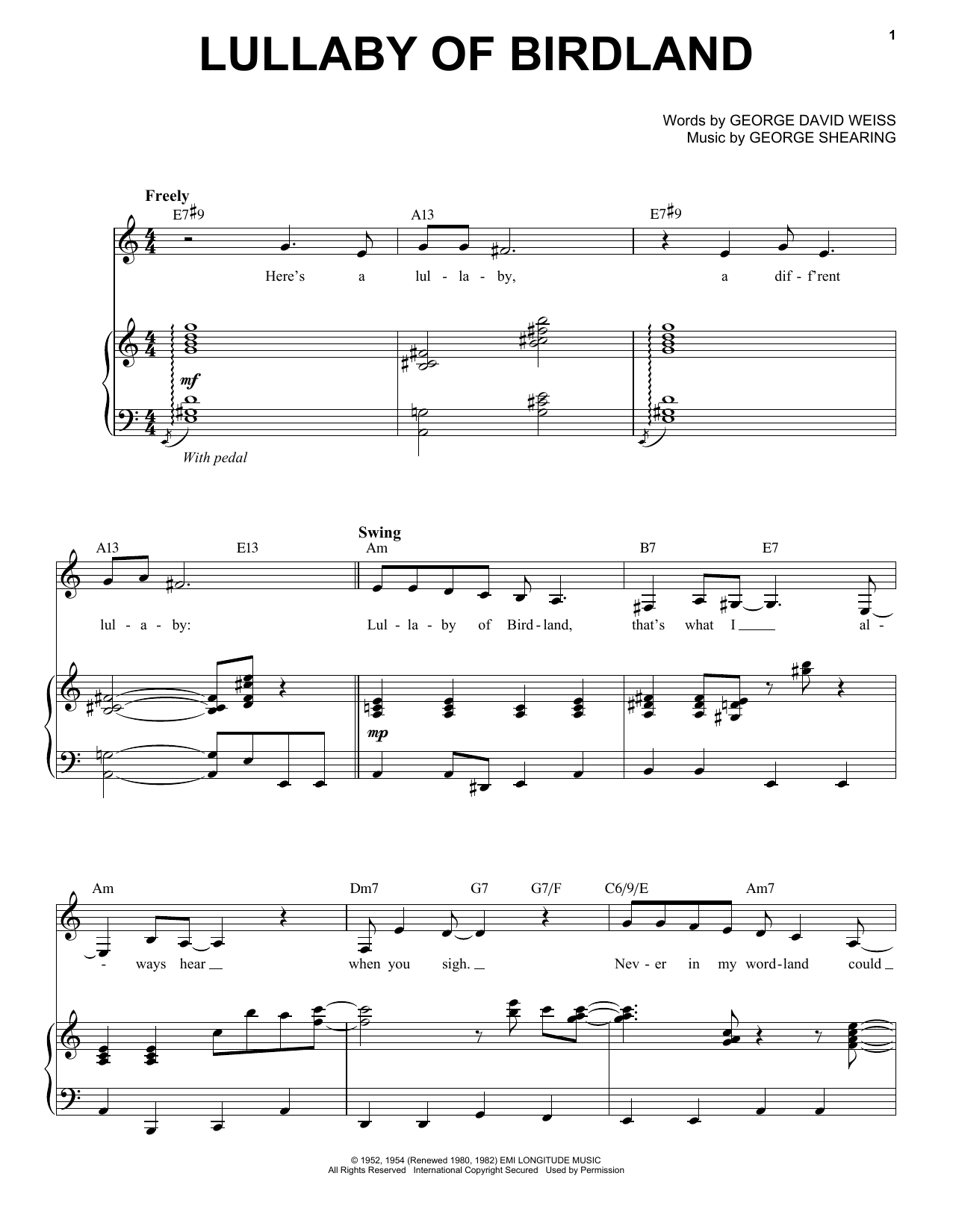 Chris Connor Lullaby Of Birdland sheet music notes and chords arranged for Piano & Vocal