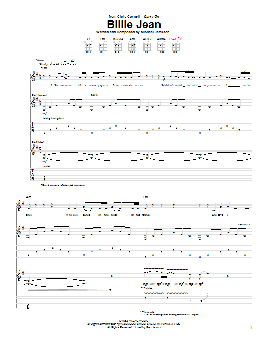 Chris Cornell Billie Jean sheet music notes and chords arranged for Guitar Tab