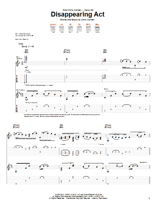 Chris Cornell Disappearing Act sheet music notes and chords arranged for Guitar Tab